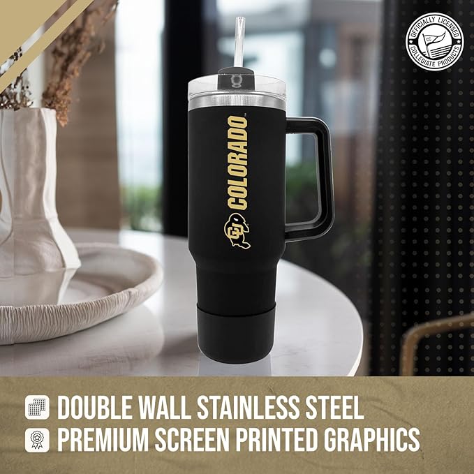 Campus Colors College & University 40 oz Travel Tumbler With Handle - Dual Option Lid With Straw - Vacuum Insulated Stainless Steel (Colorado Buffaloes - Black)