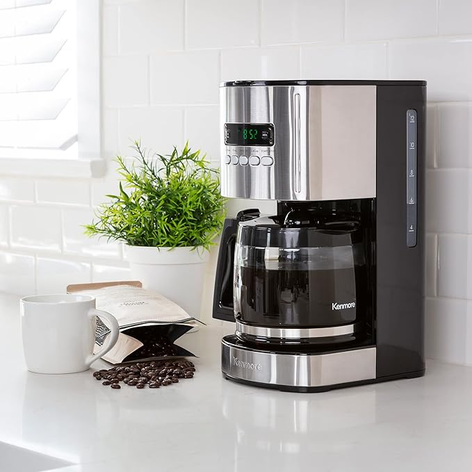 Kenmore Drip Coffee Maker - Programmable Cafe Machine With Glass Pot, Regular & Bold Brew, Auto Shut Off Large Water Reservoir, Reusable Filter, Kitchen Appliances For Cafeteria Barista, 12 Cup Black