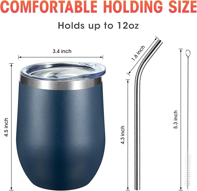 COMOOO Stainless Steel Wine Tumbler 4 Pack with Lid and Straw 12oz Double Wall Vacuum Insulated Wine GlassTumbler Cup for Hot and Cold Drinks, Coffee, Wine, Cocktails, Navy, 4 Pack