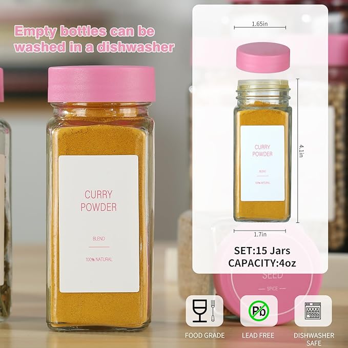 Pink Spice Jars with Label，4oz Seasoning Containers, Glass Spice Bottles with Shaker Lids,Funnel, Chalk Pen (Pink, 48)
