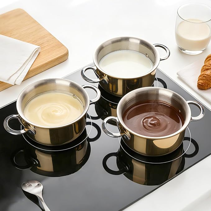 Macevia Mini Sauce Pan with Lid, Stainless Steel Butter Warmer Small Pot, For All Stoves Multipurpose Use for Home Kitchen or Restaurant (13.5oz/400ml) - Rose Gold