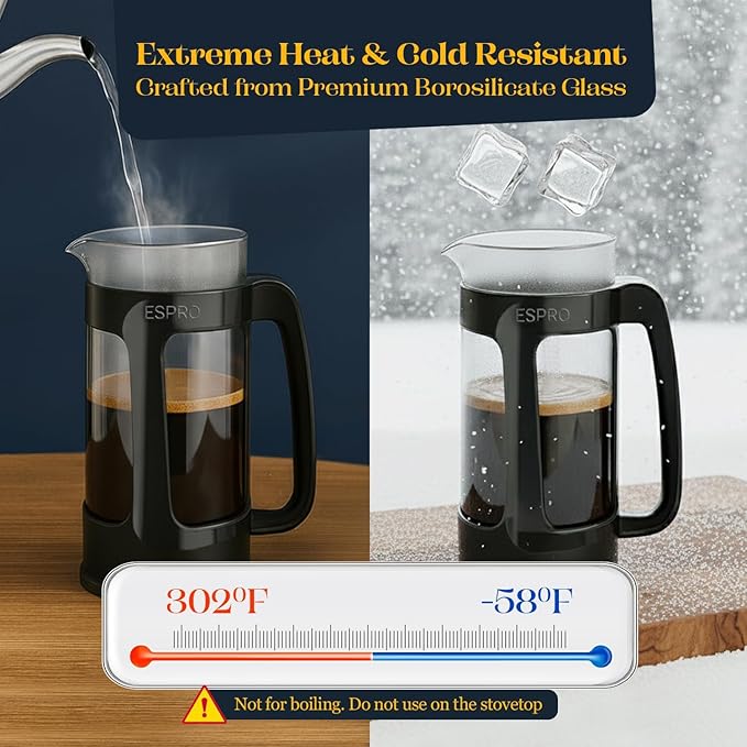 ESPRO Light P3 French Press Coffee Maker – Patented Double Micro-Filter for Grit-Free Brew, Heat Resistant thicker Borosilicate Glass Coffee press – (Black 17 oz)