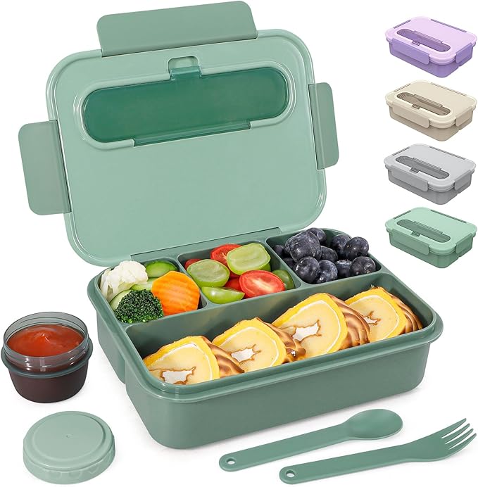 Caperci Bento Box Adult - 50 oz Large Lunch Containers for Adults and Teens, 4-Compartment Bento Lunch Box with Utensils & Leak Proof Sauce Cup, Dishwasher Safe, Durable, BPA-Free (Khaki Green)