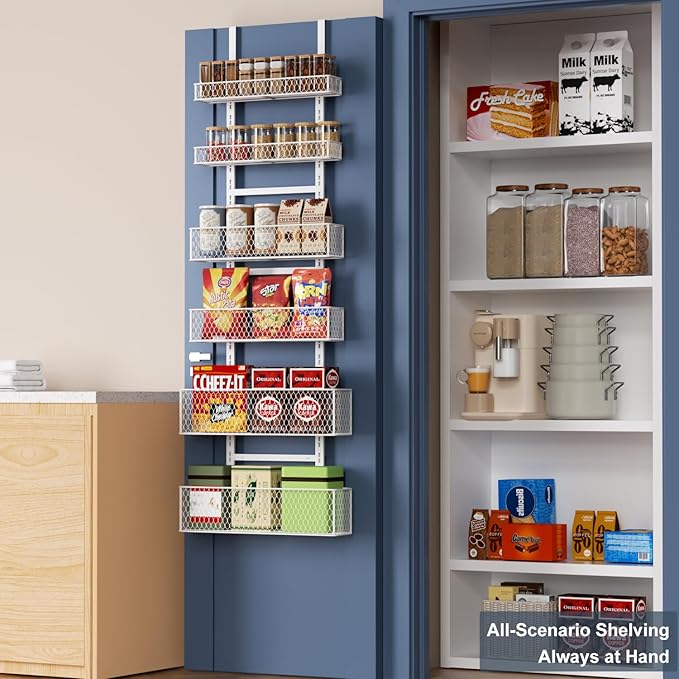 Bunoxea 6-Tier Over The Door Pantry Organizer,Hanging Spice Rack with Adjustable Basket,Over Door Racks,Pantry Organization And Storage, Laundry Room,Bathroom,Large Capacity,D5.3xW15.7xH60.9in