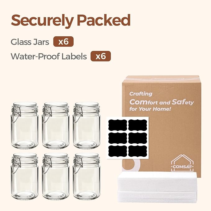 ComSaf 6-Pack 25oz Straight Sided Glass Jars with Lids, Meal Prep & Canning Containers for Overnight Oats, Salads, Fermenting & Pickling, Easy-to-Clean Cylinder Canisters for Pantry