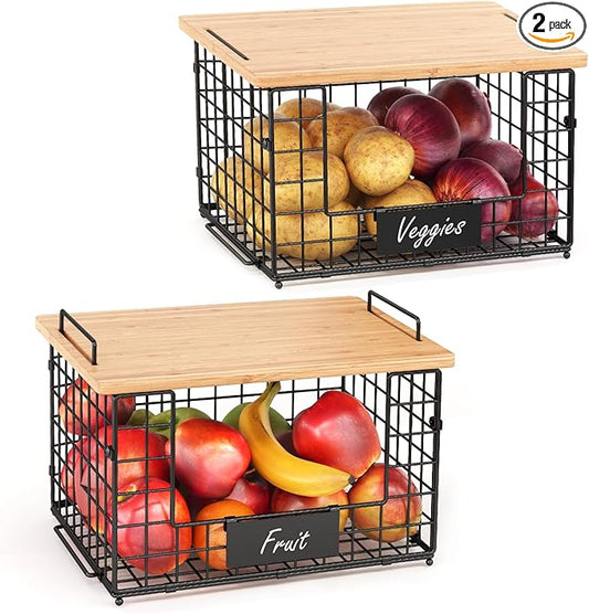 2 Set XL Wire Storage Basket with Bamboo Tops & Tags for Potato and Onion, Stackable Kitchen Counter Organizers for Pantry Organizer and Storage, Metal Storage Bins for Fruit Veggies Snack Can
