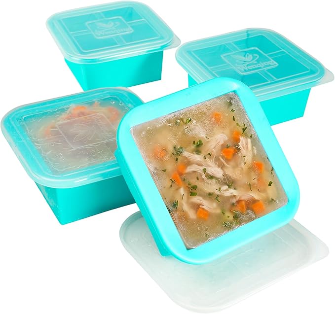 Silicone Freezer Tray with Lid 4 Pack Silicone Freezer Molds Ice Cube Tray Makes 4 Perfect 2 Cup Portions Soup Cubes Meal Prep Containers- Oven & Dishwasher Safe
