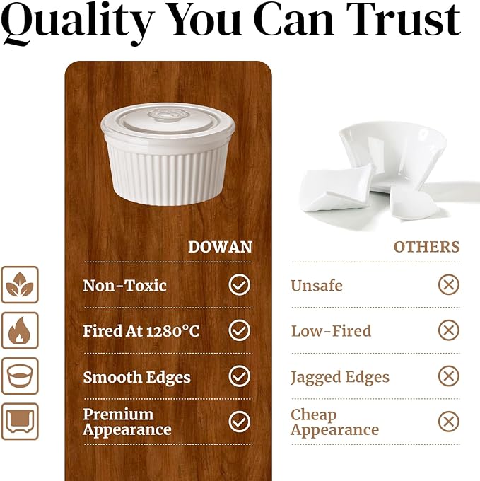 DOWAN Ramekins 8 oz Oven Safe with Lids, Creme Brulee Ramekins Bowls, Porcelain Ramiken Souffle Dishes, Custard Cups for Baking, Small Bowls for Pudding Dip Sauces Dessert, White, Set of 6