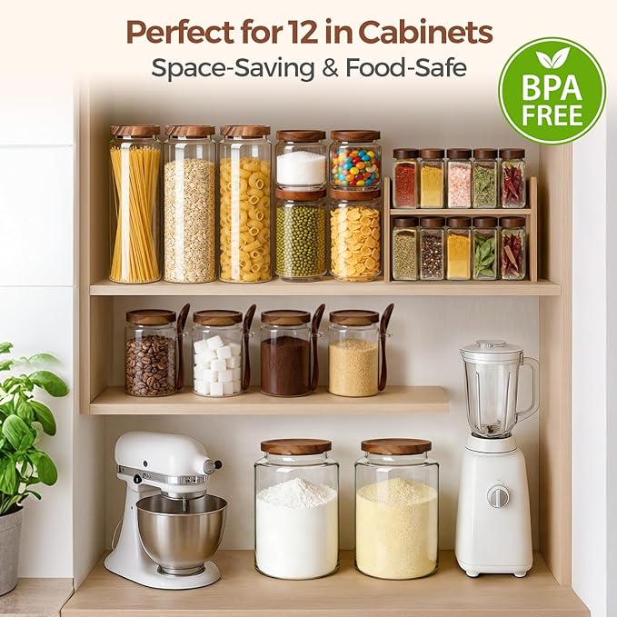 ComSaf 6PCS (1.1Qt/0.5Qt) Glass Pantry Storage Container with Acacia Wood Lid, Airtight Glass Canister with Stacked Design for Orderly Organizing, Glass Jar Organizing Dry Goods in Pantry & Cabinet
