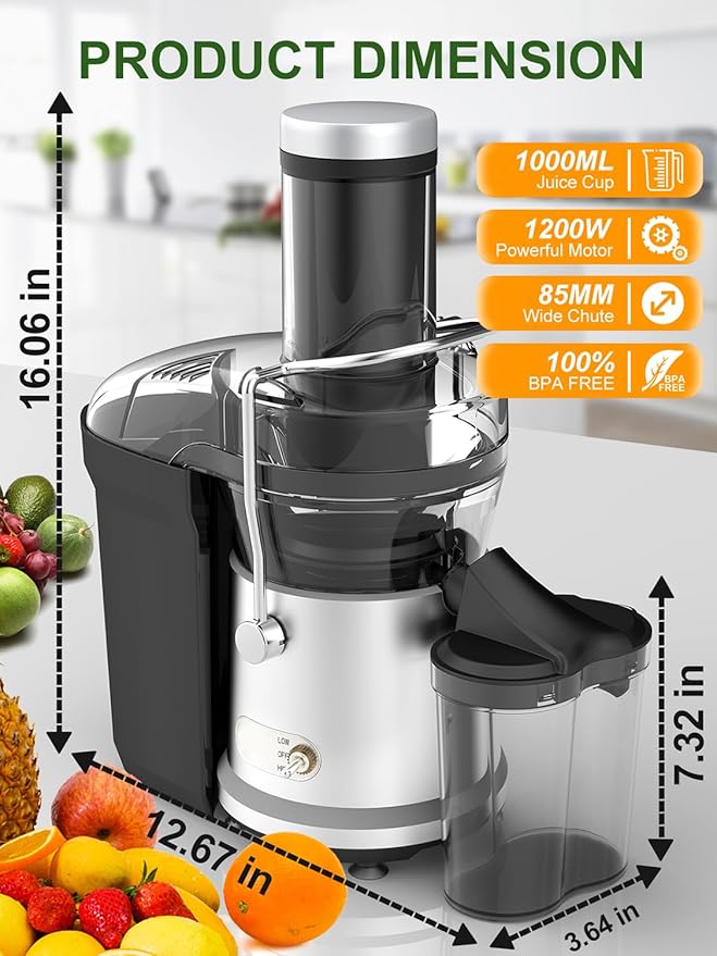 Juicer Machine, 1200W Juicer with 3" Feed Chute for Whole Fruits and Veg, Dual Speeds Centrifugal Juice Extractor, High Juice Yield, Full Copper Motor, Easy to Clean, BPA Free
