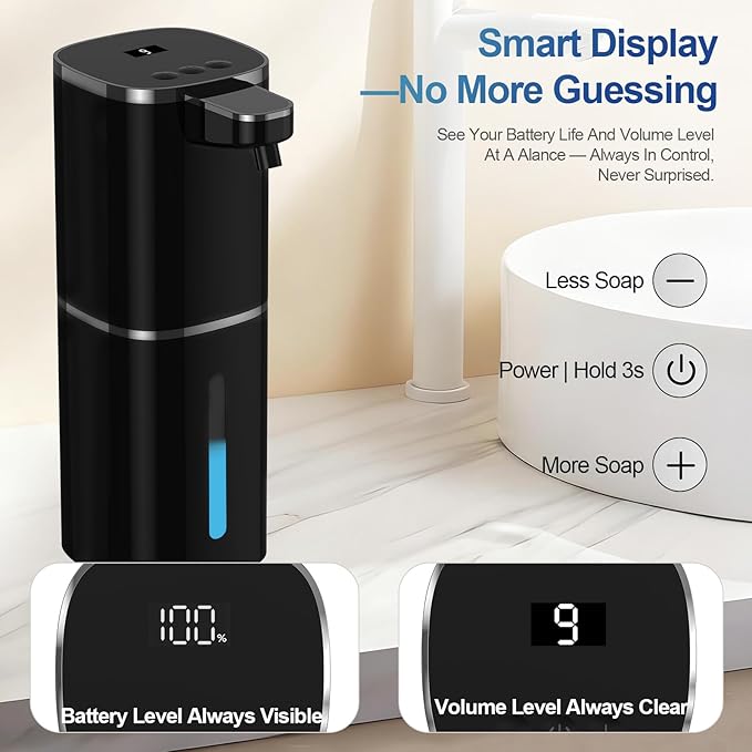 Automatic Liquid Soap Dispenser for Hand Soap & Dish Soap, 9-Level Adjustable Touchless Dispenser with LCD Display, Rechargeable 380mL, Wall Mount or Countertop Use for Kitchen Bathroom