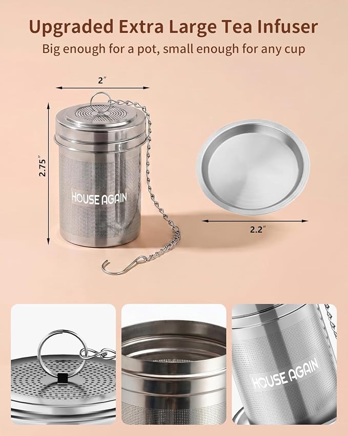 House Again Large Tea Infuser, Extra Fine Mesh Tea Strainers for Loose Tea, 18/8 Stainless Steel Tea Strainer with Extended Chain Hook, Tea Steeper for Brew Tea, Spices & Seasonings, for Multi Cups