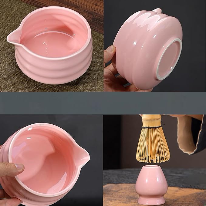 Matcha Whisk Set, 5 Pcs Matcha Kit for Matcha Lovers - Matcha Bowl with Spout, Matcha Whisk and Holder, Bamboo Matcha Scoop and Stainless Steel Sifter, Pink Ceramic Matcha Set