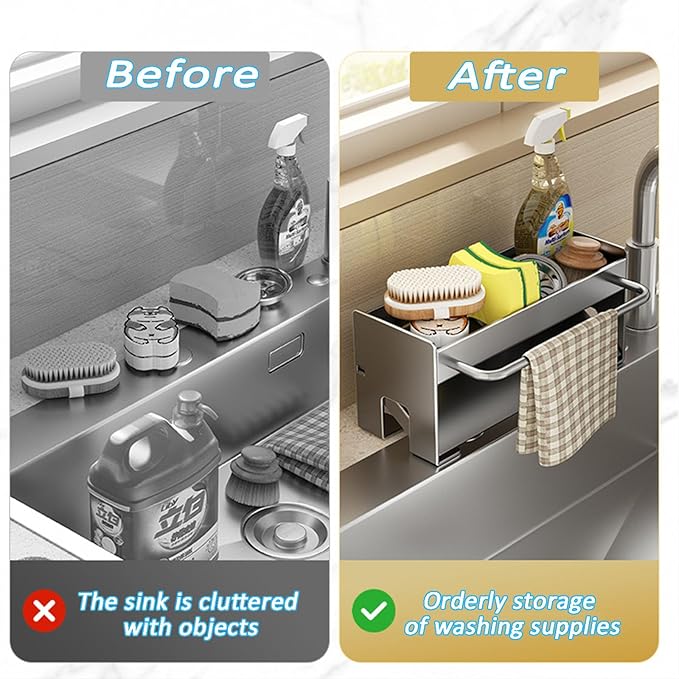 Utensil Holder,Compact Kitchen Sink Drying Rack - Durable and Stylish Solution,Self-Draining Tray Design,with Rag Rack（Gray）