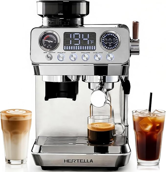 HERTELLA Espresso Machines with Burr Grinder, 20 Bar Visual Pressure Gauge, Milk Frother Steam Wand, Stainless Steel, 4 Temperature Modes (Hot and Cold Brew)，Automatic Pressure Release Function