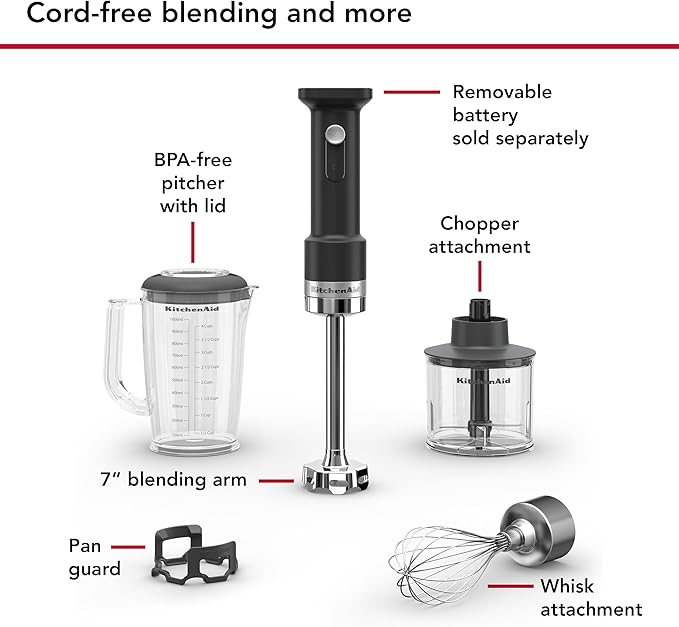 KitchenAid Go Cordless Hand Blender with Accessories - battery sold separately, KHBRV05, Black Matte