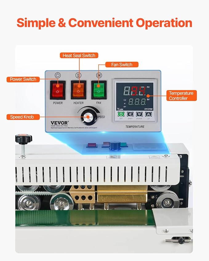 VEVOR Continuous Bag Band Sealing Machine, 0.24-0.47 in/6-12 mm Seal Width, Horizontal Band Sealer Machine with Digital Temperature Control, Bag Sealer for 0.02-0.8 mm Plastic Bags with Count Function