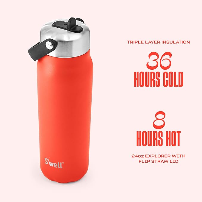 S'well Recycled Stainless Steel Explorer with Flip Straw Lid, 24oz, Radiant Coral, Triple Layered Vacuum Insulated Container Keeps Drinks Cold for 36 Hours and Hot for 8, BPA Free, Built In Handle