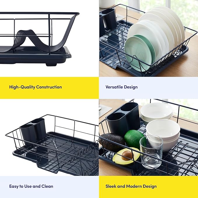 Sweet Home Collection Space-Saving 3-Piece Dish Drainer Rack Set: Efficient Kitchen Organizer for Quick Drying and Storage - Includes Cutlery Holder and Drainboard - Maximize Countertop Space, Navy