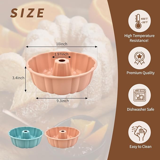PADELE 2 Pack Silicone Cake Pan Nonstick,10 Inch, Silicone Cake Molds,Pound Cake Pan, Baking Cake Pan for Jello,Gelatin,Cake,Brownie and Bread（Pink+Blue）