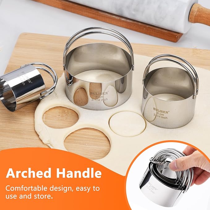 HULISEN Stainless Steel Biscuit Cutter Set, Flour Duster, Pastry Scraper and Dough Blender, Sturdy & Long-Lasting with Ergonomic Rubber Grip, Professional Baking Dough Tools, Gift Package (4 Pcs/Set)