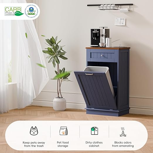 Betterhood Double Tilt Out Trash Cabinet with Power Outlet, 10 Gallon Trash Cabinet with Storage,Pet Proof Trash Can with 2 AC & USB Sockets for Kitchen,Living Room (Blue, Single Door)