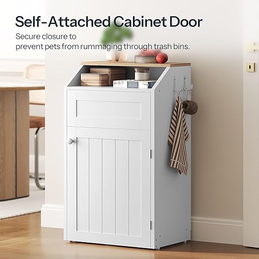 YATINEY Trash Cabinet, Freestanding Trash Can Cabinet, Wooden Recycling with Flip Door, 10 Gallon Hidden Kitchen Garbage Can for Kitchen, Living Room, White WB01WT