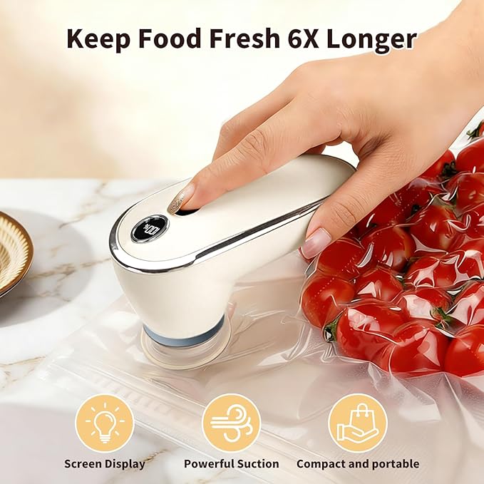 Handheld Compact Vacuum Sealer for Food, Long-Lasting Fast-Sealing Portable Food Saver with Battery Display, Dry/Moist Modes, Includes 10 Reusable Bags for Sous Vide, Meat, Leftovers, Easy Clean