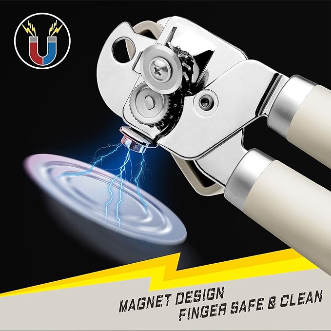 PrinChef Can Opener Manual, Can Tin Bottle Opener with Magnet - No-Trouble-Lid-Lift, Handheld Can Opener Smooth Edge with Sharp Blade, Heavy Duty and Easy to Use, for Seniors with Arthritis, White