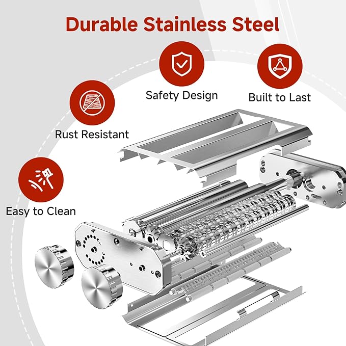 Pasta Maker Attachment for Kitchen Aid Stand Mixers, 304 Stainless Steel, Rust-Proof, 8 Thickness Settings, Easy to Clean, 3 in 1 Accessories for Homemade Spaghetti, Fettuccine, Lasagna
