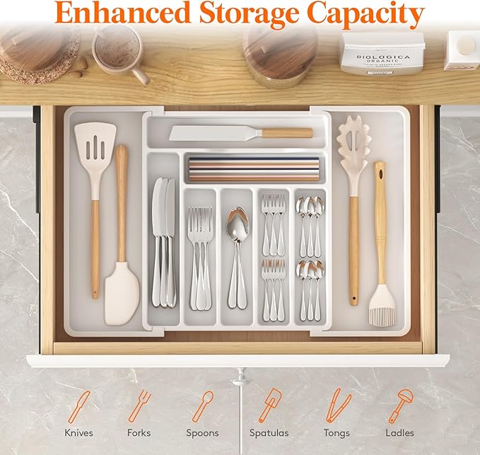 Lifewit Utensil Organizer for Kitchen Drawer, Expandable Cooking Silverware Tray, Adjustable Cutlery Flatware Holder, Plastic Spatula Tools Storage Divider, 13-22.4 x 15", White