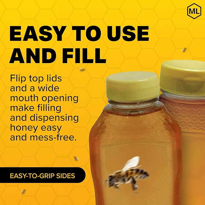 Mann Lake Refillable Hourglass Honey Jars | 1 lb Plastic Containers with Yellow Flip-Top Lids | Empty Bottles for Honey Storage & Dispensing | 24-Pack (Honey Not Included)
