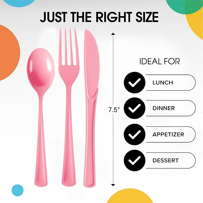 Party Solids Pink Plastic Silverware Heavy Duty 300 Pieces Pink Plastic Cutlery Sets, Utensil Sets, 100 Of Each Forks, Knives & Spoons Disposable Cutlery Set, Flatware Set For Party Supplies