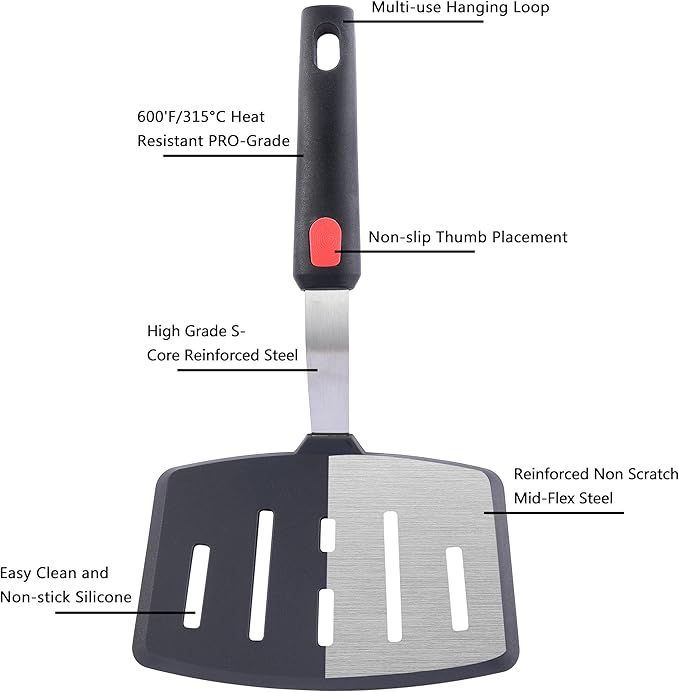 Silicone Wide Spatula, Slotted Turner for Cooking or Baking, Large Pancake Spatula for Egg, Fish, Steak, Flipping and Wok Use, Dishwasher Safe