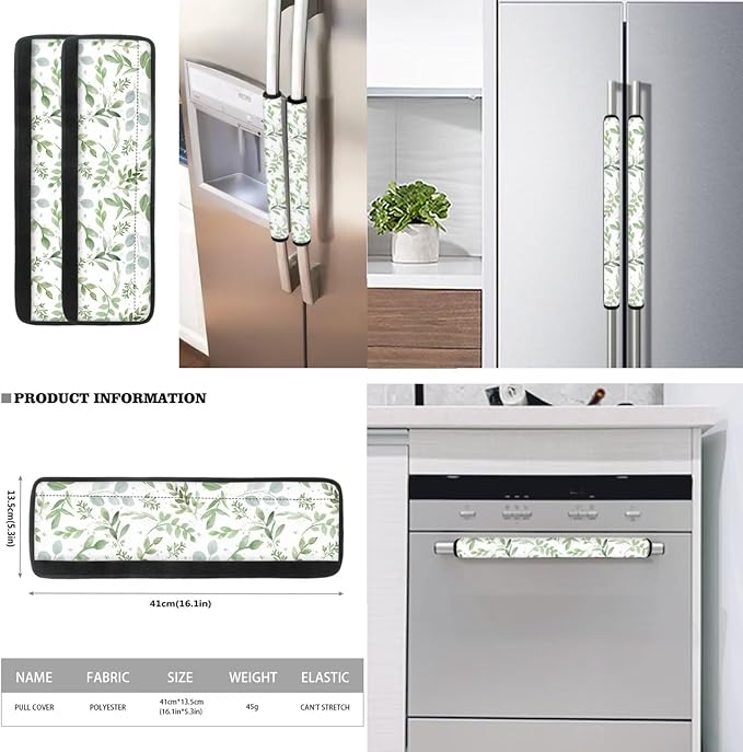 Sage Green Leaf Refrigerator Door Handle Covers Set of 6, Non Slip Washable Kitchen Appliance Decoration Fridge Dishwashers Microwave Door Handle Gloves