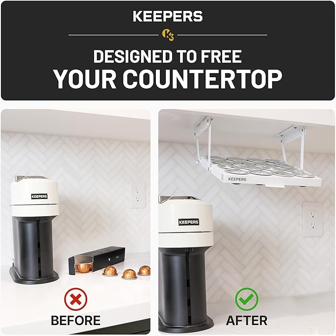 KEEPERS Nespresso® Vertuo® Pod Holder|Under Cabinet Swing Down Coffee Pod Organizer|Keurig® Coffee Pod Holder|K Cup Holder Storage Organizer|Magnet Steel RV Office Small Kitchen 10 x 9in WHITE