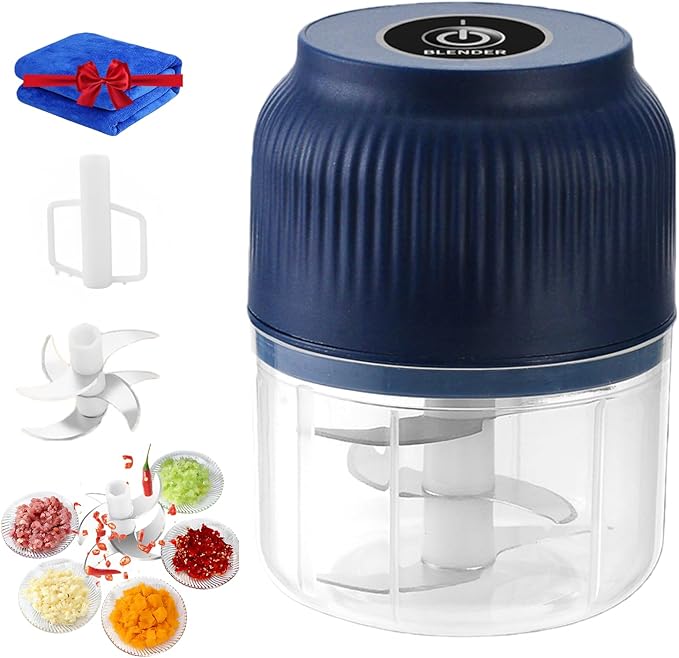 300ML USB Rechargeable Electric Garlic Chopper, Mini Portable Veggie Cutter with Eggbeater&4/6 Knife Heads, Veggie Chopper with Container and Lid, Vegetable Crusher (Blue B)