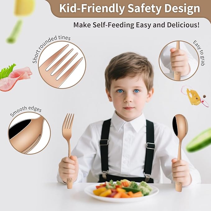 DEHOV Rose Gold Toddler Eating Utensils Set,Set Of 12 Food Grade Stainless Steel Silverware Sets For Kids,Dishwasher Safe Children Small Metal Spoons And Forks Flatware Sets