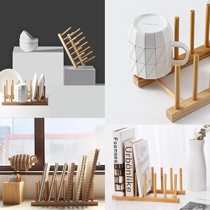 INNERNEED Bamboo Wooden Plate Racks Dish Stand Holder Kitchen Storage Cabinet Organizer for Dish/Plate/Bowl/Cup/Pot Lid/Cutting Board (Pack of 2)