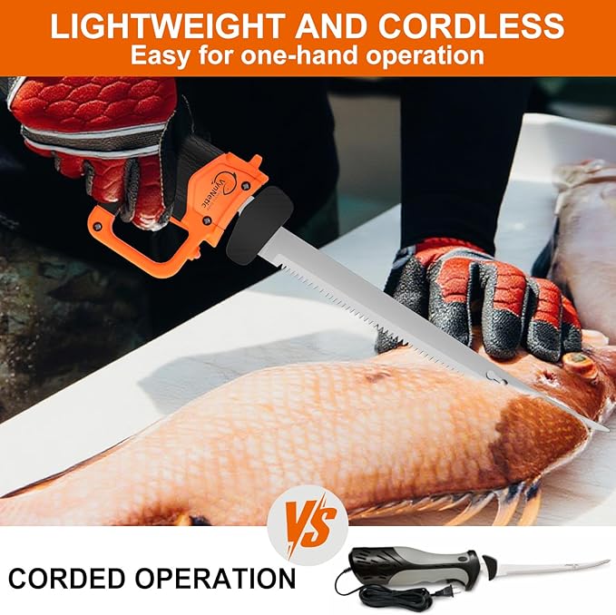 Electric Fillet Knife for Fish - Rechargeable Cordless Electric Knife With Non-Slip Grip Handle & 4 Ti-Nitride S.S. Coated Non-Stick Blades, 2 Batteriess Charger and Case For Fishing