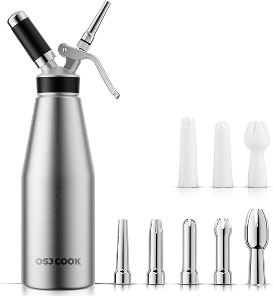 Professional Aluminum Whipped Cream Dispenser - 1000 mL/2 Pint,Leak-Free Whipped Cream Maker Canister with 8 Decorating Nozzles & Cleaning Brush - N2O Chargers (Not Included) (Silver, 1000ml)