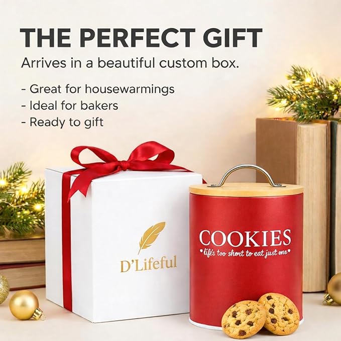 D'Lifeful Farmhouse Airtight Cookie Jar with Bamboo Lid - Kitchen Counter Storage Container for Cookies or even Candy (Red, Small Size (6.5" x 5.25"))