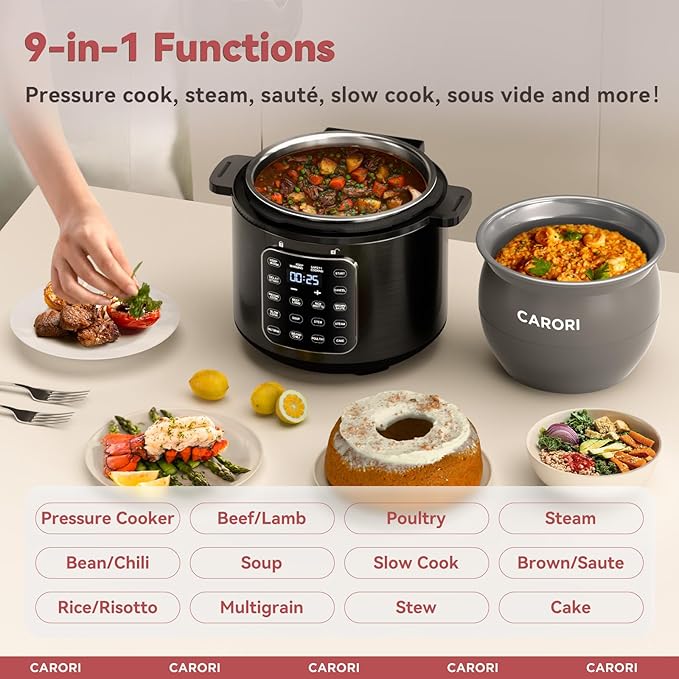 CARORI 9-in-1 Electric Pressure Cooker 6 Qt, Dual Inner Pots, Stainless Steel Pot and Non-Stick Pot, 12 Preset Cooking Programs with IMD Touchscreen, Safe Vent, Slow Cook, Rice Cook, Steam, Black