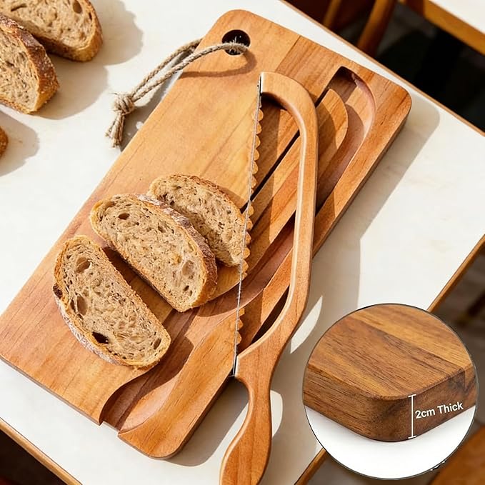 Bow Knife and Board Set, Wooden Bread Slicer with Crumb Tray, Ambidextrous Left & Right Handed, No-Crush Cutting for Sourdough & Bagels, 10 Inch Stainless Steel Blade, Rustic Gift(Pine wood)