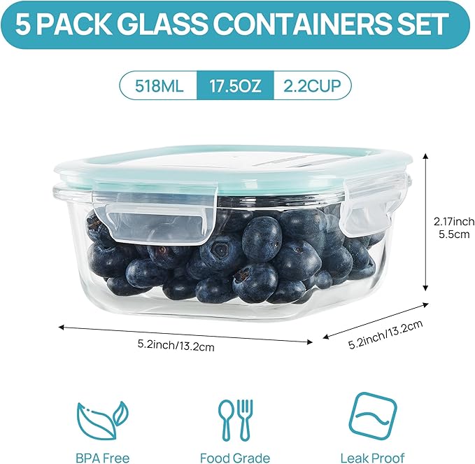 Vtopmart 5Pack 17.5oz Glass Storage Containers with Lids, Glass Meal Prep Food Container Sets with Snap Airtight Lids for Microwave, Oven, Freezer and Dishwasher, Green