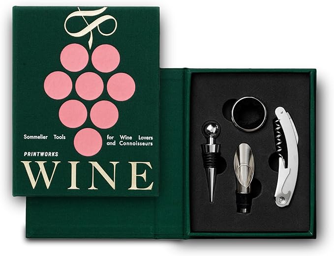 Printworks The Essentials, Wine Tools – Wine Bottle Opener, Stopper, Pourer & Collar Set in Elegant Book-Style Case