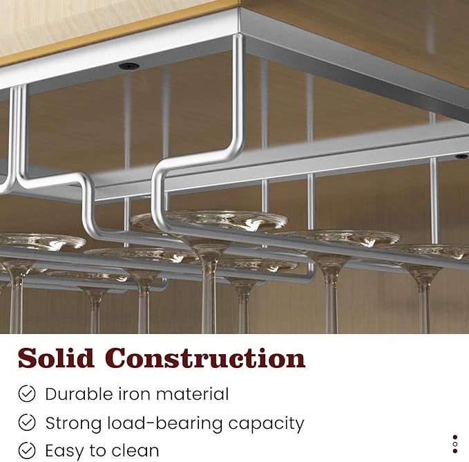 Nuovoware Wine Glass Rack, [2-Pack] Wine Glass Hanger Rack Under Cabinet Stemware Holder Storage Hanger for Bar Kitchen Cabinet (4 Rows), Silver