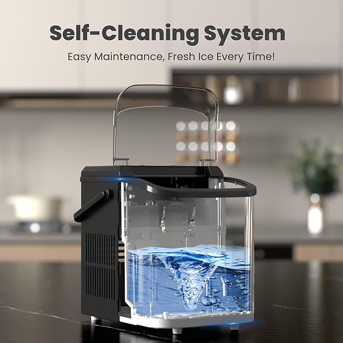 DUMOS Countertop Ice Maker with Handle, 26lbs/24H Portable Ice Machine, 9 Bullet Ice Cubes Ready in 6 Mins, Self-Cleaning, Quiet Compact Ice Maker for Home, Kitchen, RV, Camping, Modern Black