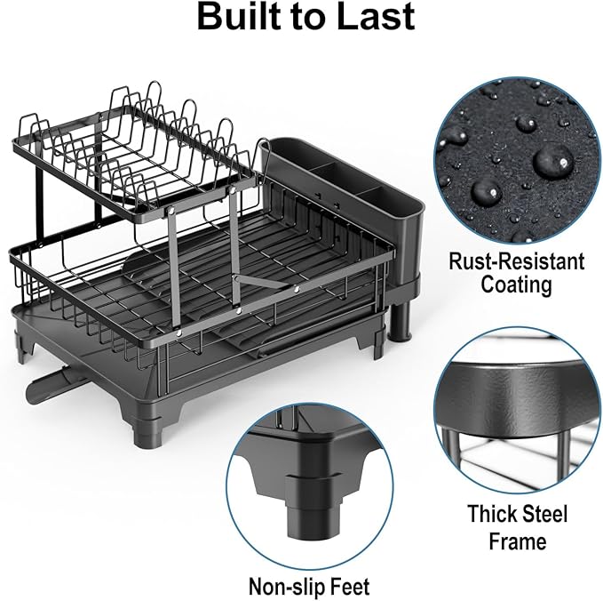 GSlife 2 Tier Dish Drying Rack with Drainboard, Expandable Large Dish Drainer for Kitchen Counter, Rust Resistant Dish Drainer with Cup Holder & Utensil Holder, 12.6" W x 18.7"-25.2" L, Black