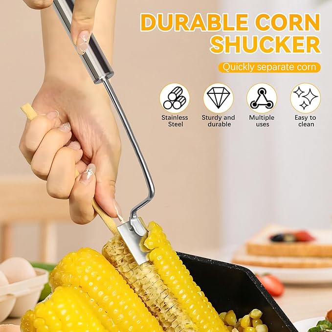 Stainless Steel Corn Peeler, Corn Cob Stripper, Long Handle Stainless Steel Corn Stripping Tool, Corn on the Cob Remover, Easy Clean Corn Cob Peeler for Home Kitchen and Outdoor Dining (2pc)
